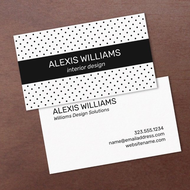Modern Black på White Polka dots Black Rand Visitkort (Black and White Polka Dots Black Stripe Business Card, front/back, in situ)