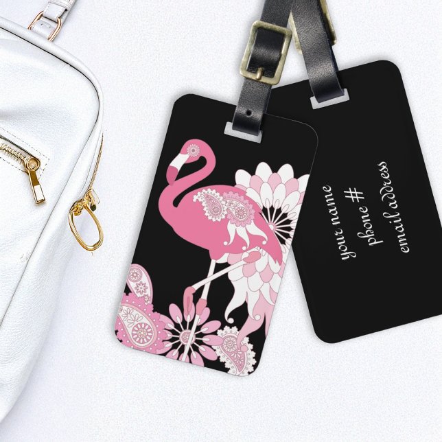 Modern Black Paisley Rosa Flamingo Bagagebricka (Skapare uppladdad)