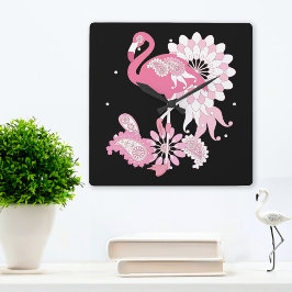 Modern Black Paisley Rosa Flamingo Fyrkantig Klocka