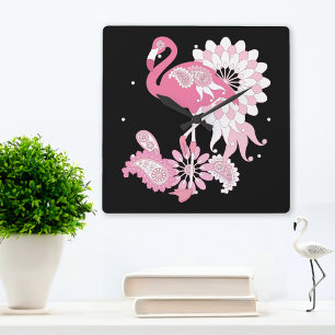 Modern Black Paisley Rosa Flamingo Fyrkantig Klocka