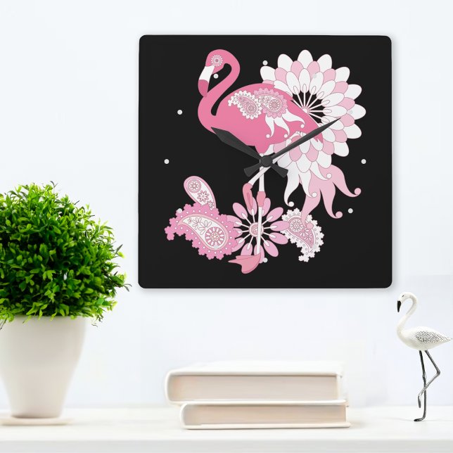 Modern Black Paisley Rosa Flamingo Fyrkantig Klocka (Skapare uppladdad)