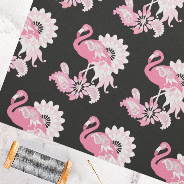 Modern Black Paisley Rosa Flamingo Tyg (Skapare uppladdad)