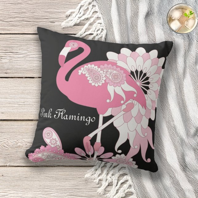 Modern Black Paisley Rosa Flamingo utomhus Utomhuskudde (Skapare uppladdad)