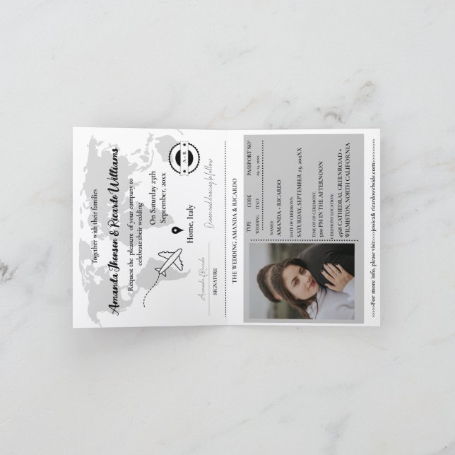 Modern Black  Passport Photo Wedding Invitation Inbjudan (Inuti)