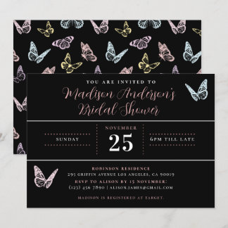 Modern Black Pastel Butterfly Print Möhippa Inbjudningar