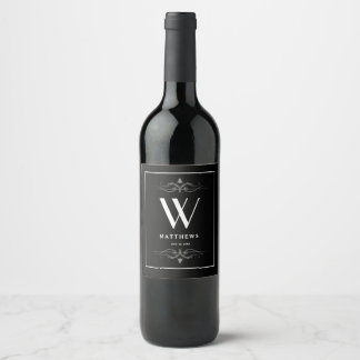 Modern Black Personlig Monogram och Namn Vin L Vinflaska Etikett
