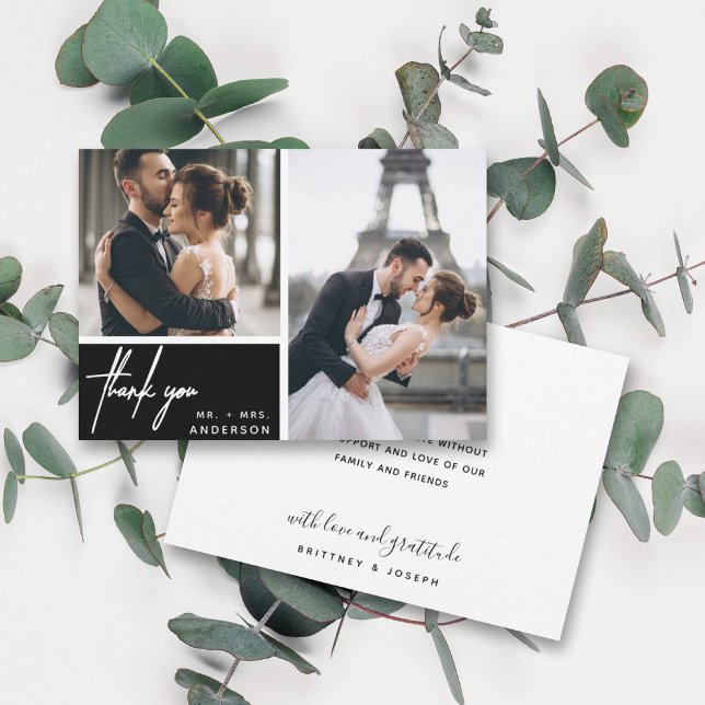 Modern Black Photo Collage Bröllop (Two photo hand lettered thank you wedding card with a minimalistic design perfect for any couple.)