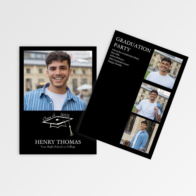Modern Black Photo Graduation Party Announcement Inbjudningar (Modern black graduation photo card with cap graphic and clean minimalist layout)