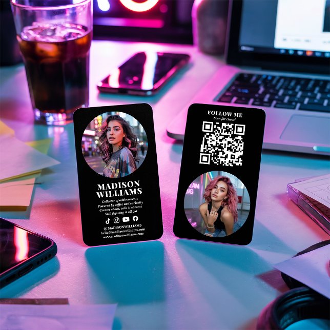 Modern Black Photo QR Code Social Media Influencer Visitkort (Modern Black Photo QR Code Social Media Influencer)
