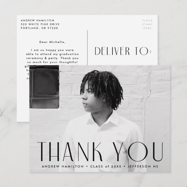 Modern Black Photo Studenten Tack Vykort (Fram/baksida)