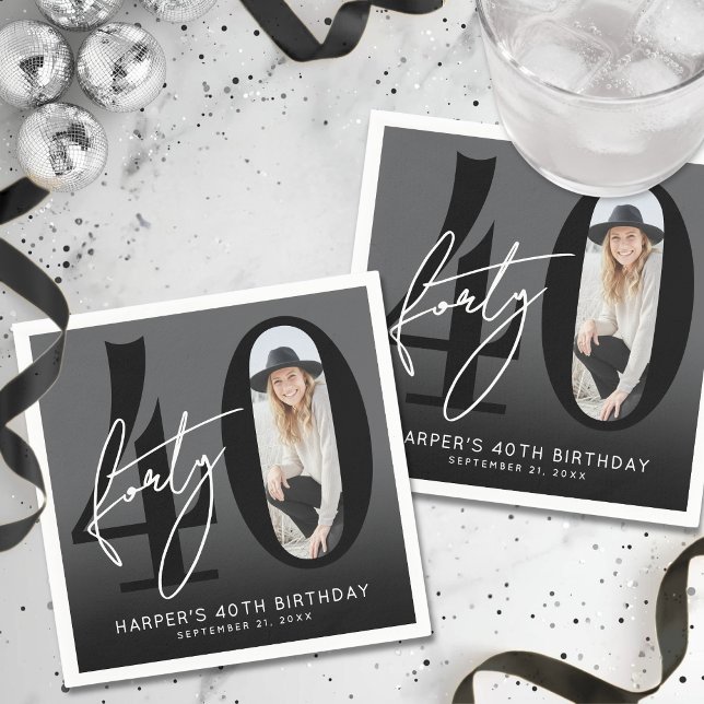 Modern Black Photos 40-årsfest Pappersservett (Modern Black Photo 40th Birthday Party Napkins )