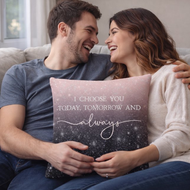 Modern Black & Pink Glitter Sparkles “I Choose You Kudde (Skapare uppladdad)