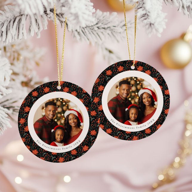 Modern Black Poinsettia 2 Sided Photo Christmas Julgransprydnad Keramik (Poinsettia Season Double Sided Photo Christmas Ornament black)