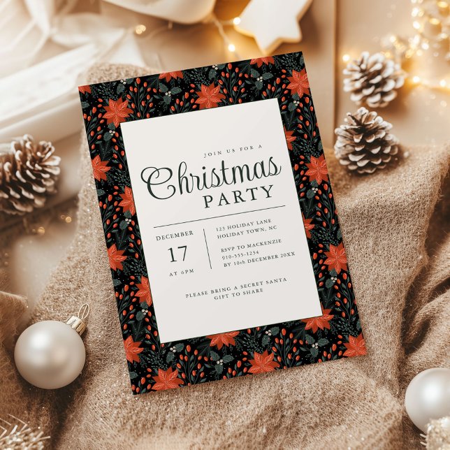 Modern Black Poinsettia Christmas Party Invitation Inbjudningar (Poinsettia Season Christmas Party invite black)