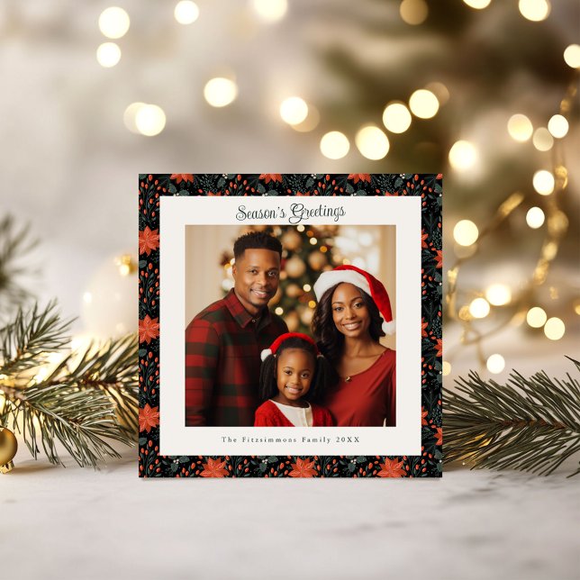 Modern Black Poinsettia Photo jul Kort (Poinsettia Season Square Christmas Card black)