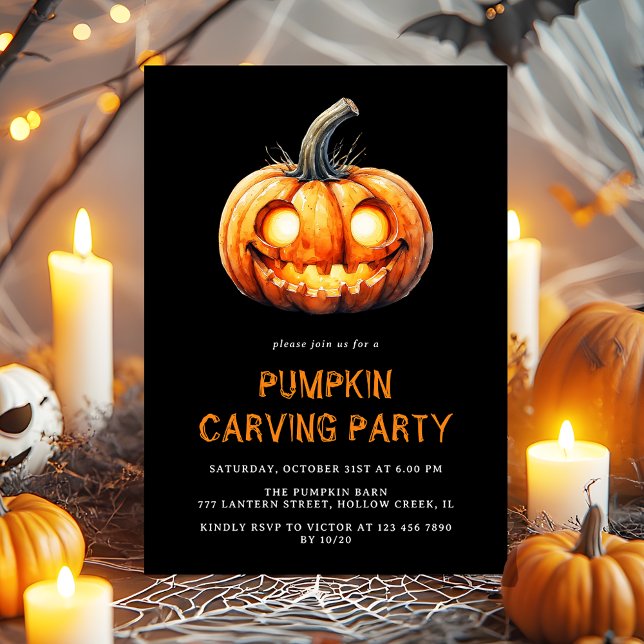 Modern Black Pumpkin Carving Party Halloween Inbjudningar (Skapare uppladdad)