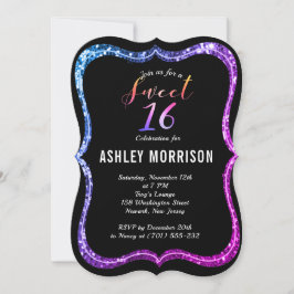 Modern Black Purplish Rosa Glitter Sweet 16 Inbjudningar