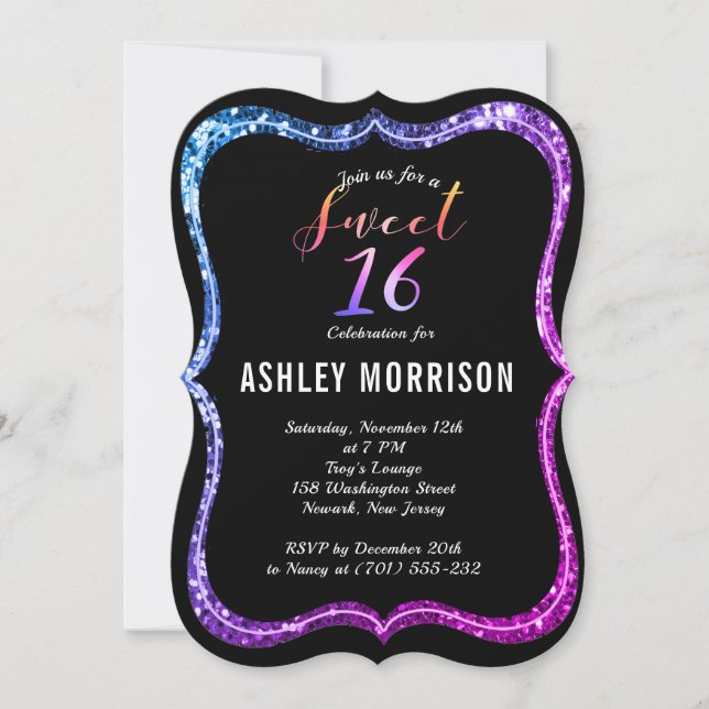Modern Black Purplish Rosa Glitter Sweet 16 Inbjudningar (Framsida)