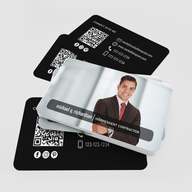 Modern Black QR Code Photo Contact Card Visitkort (Black minimalist QR code photo contact cards scattered with modern clean layout)