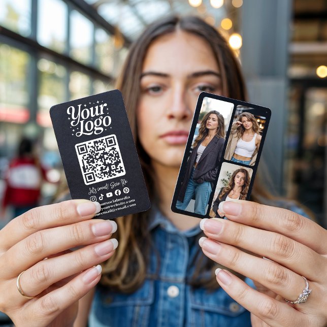 Modern Black QR Code Social Media Icons Logo Photo Visitkort (Modern Black QR Code Social Media Icons Logo Photo)