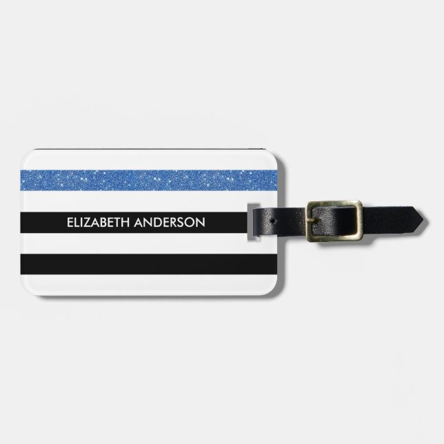 Modern Black Rand FAUX Blue Glitz och Namn Bagagebricka (Horisontell Framsida)