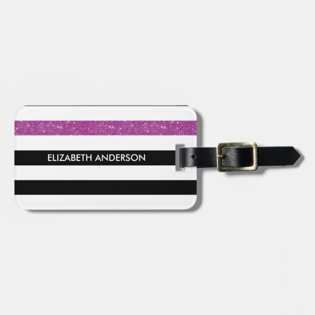 Modern Black Rand FAUX Lila Glitz och Namn Bagagebricka (Horisontell Framsida)