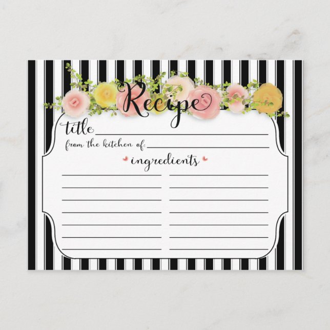 Modern Black Rand med Rosor Recept Card Vykort (Framsida)