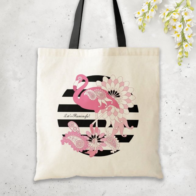 Modern Black Rand Rosa Flamingo Tygkasse (Skapare uppladdad)