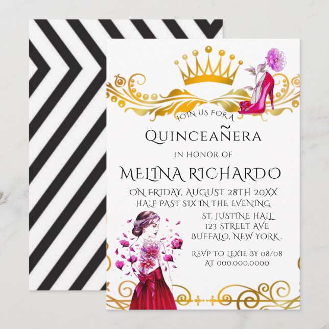 Modern Black Rand Rosa Mode Quinceanera Party Inbjudningar (Fram/baksida)