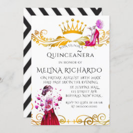 Modern Black Rand Rosa Mode Quinceanera Party Inbjudningar