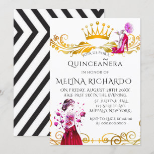 Modern Black Rand Rosa Mode Quinceanera Party Inbjudningar