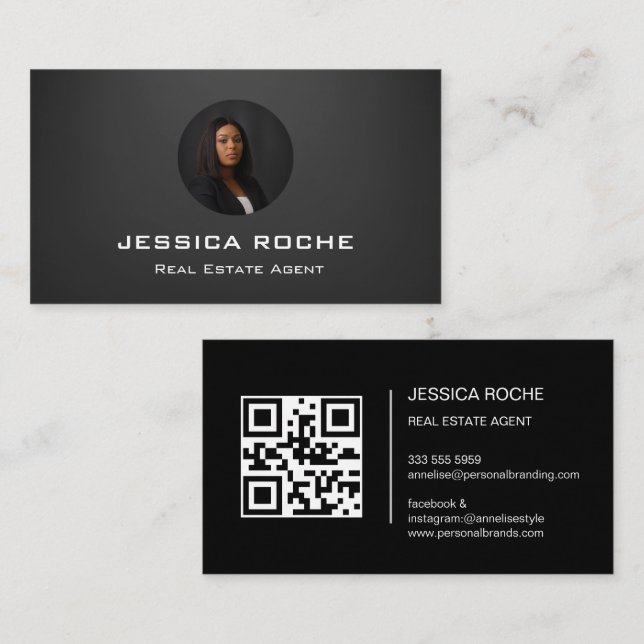 Modern Black Realtor-foto QR för äkta Gods Agent Visitkort (Fram/baksida)