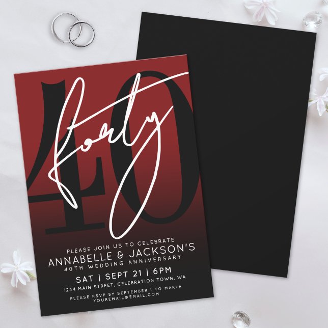 Modern Black Red 40-årsdagen Party Inbjudningar (Modern Black Red 40th Anniversary Party Invitation)