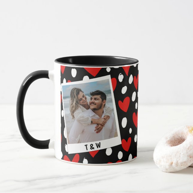 Modern Black Red and White Heart Couple Photo Mugg (Med munk)