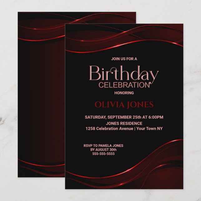 Modern Black Red Födelsedagsfest inbjudan (Fram/baksida)