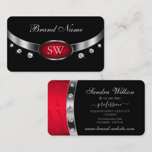 Modern Black Red Silver med Monogram och diamanter Visitkort