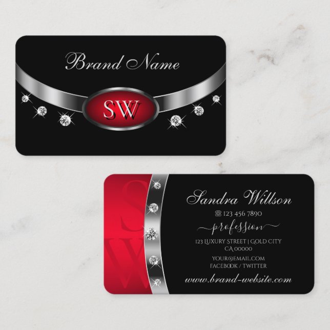 Modern Black Red Silver med Monogram och diamanter Visitkort (Fram/baksida)