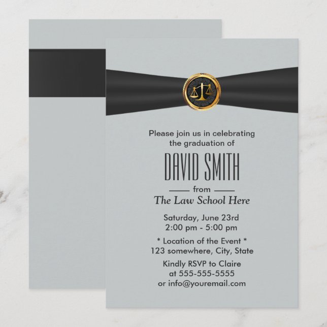 Modern Black Ribbon Silver Law School Studenten Inbjudningar (Fram/baksida)