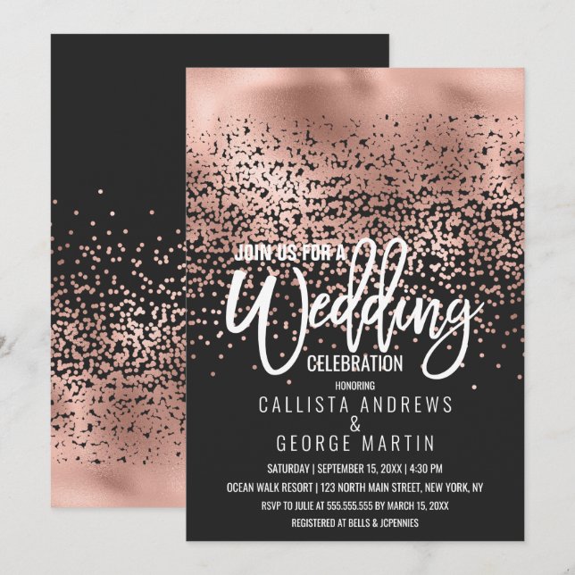 Modern Black Ro Gold Foil Confetti Ombre Bröllop Inbjudningar (Fram/baksida)