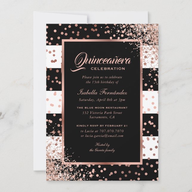 Modern Black Ro Guld Confetti Quinceañera Inbjudningar (Framsida)