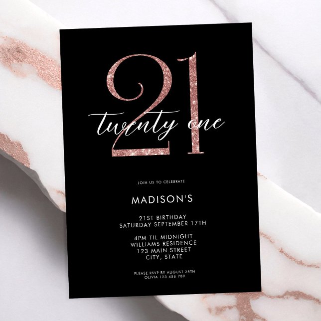 Modern Black Ro Guld Elegant 21:a födelsedag Inbjudningar (Skapare uppladdad)