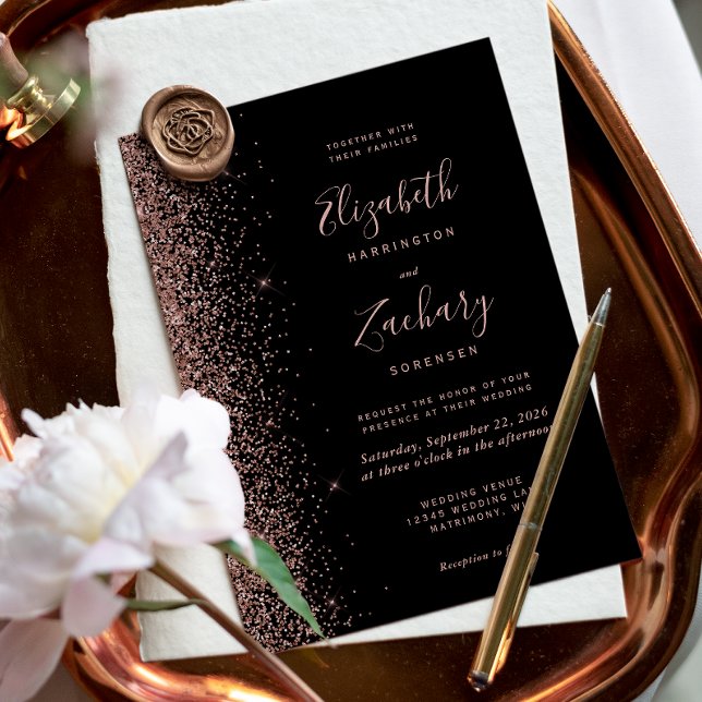 Modern Black Ro Guld Faux Glitter Kant Bröllop Inbjudningar (Skapare uppladdad)