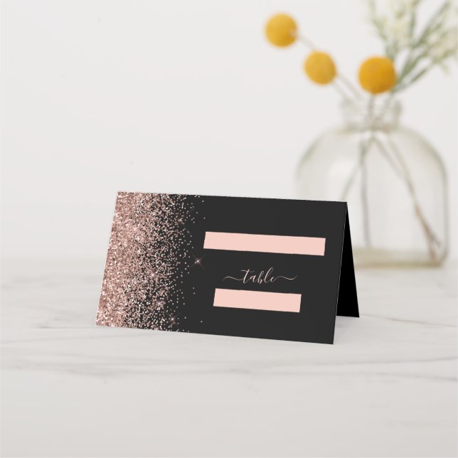 Modern Black Ro Guld Glitter Kant Bröllop Placeringskort (Framsida)