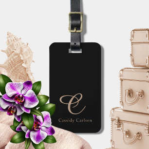 Modern Black & Ro Guld Initial Monogram Bagagebricka
