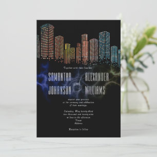 Modern Black Rooftop Lounge Night Skyline Bröllop Inbjudningar