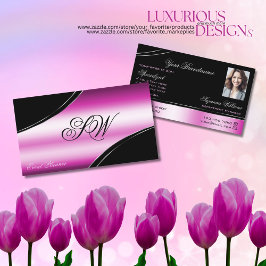 Modern Black Rosa Curved Linjer Monogram och Photo Visitkort