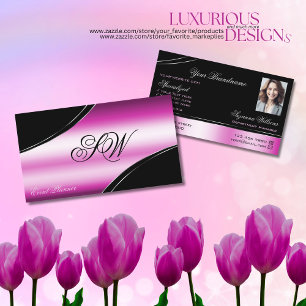 Modern Black Rosa Curved Linjer Monogram och Photo Visitkort