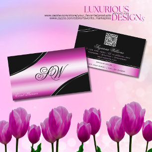 Modern Black Rosa Curved Linjer Monogram QR-kod Visitkort