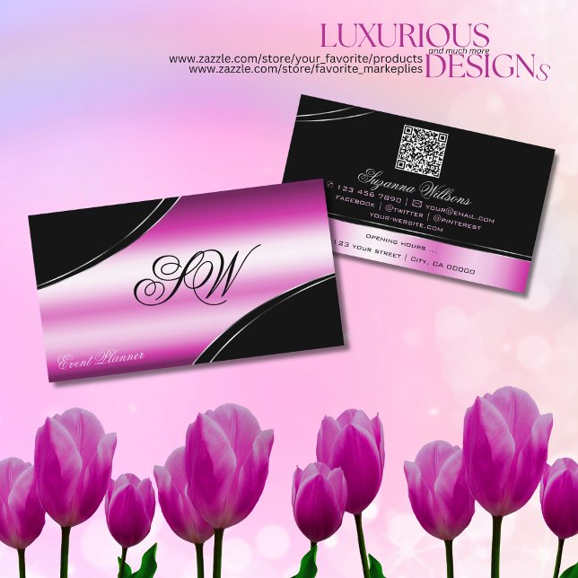 Modern Black Rosa Curved Linjer Monogram QR-kod Visitkort (Skapare uppladdad)