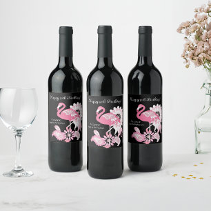 Modern Black Rosa Flamingo Birthday Vinflaska Etikett
